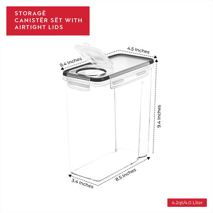 DWËLLZA KITCHEN Cereal Containers Storage 4L Set of 4 Airtight Food Storage Containers with Lids Cereal Dispenser Countertop Pantry Organization Canister for Rice Flour & Sugar 1 Marker 8 Labels