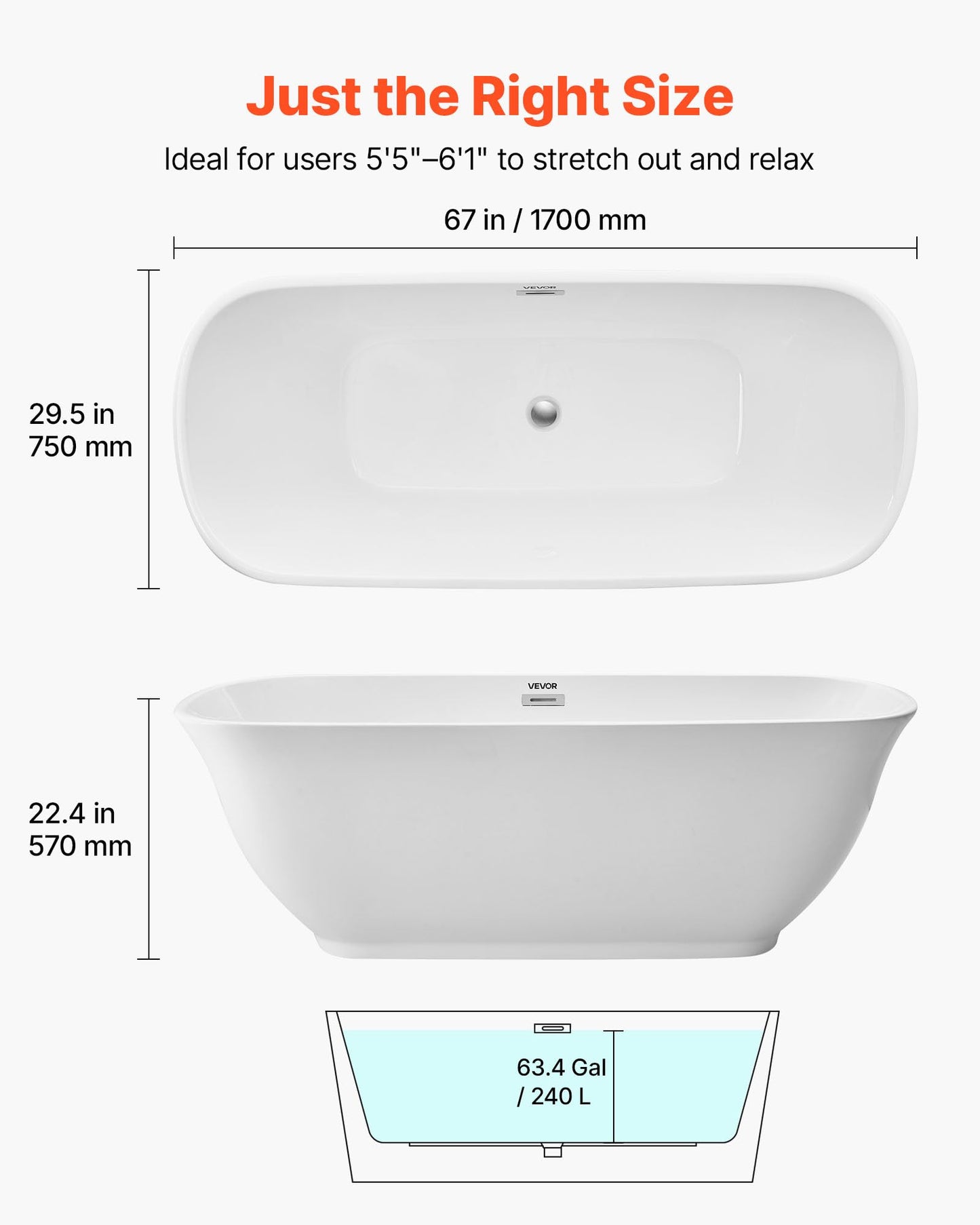 VEVOR Acrylic Freestanding Bathtub, 67 Inch Contemporary Soaking White Tub with Polished Chrome Overflow and Drain, Elegant Oval Shape Stand Alone Soaker Tub for Modern Bathroom or Remodel Projects
