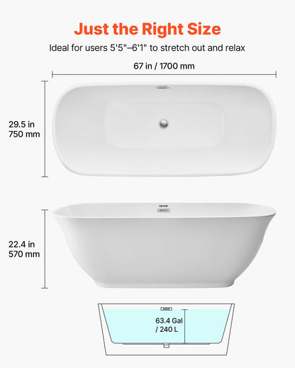 VEVOR Acrylic Freestanding Bathtub, 67 Inch Contemporary Soaking White Tub with Polished Chrome Overflow and Drain, Elegant Oval Shape Stand Alone Soaker Tub for Modern Bathroom or Remodel Projects