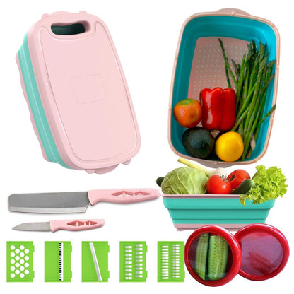 Foldable Cutting Board Set with Storage Lid – Phoenix'Hills Pink Kitchen Cutting Board with 5 Interchangeable Blades, 2 Knives & Containers – Compact & Multi-Functional