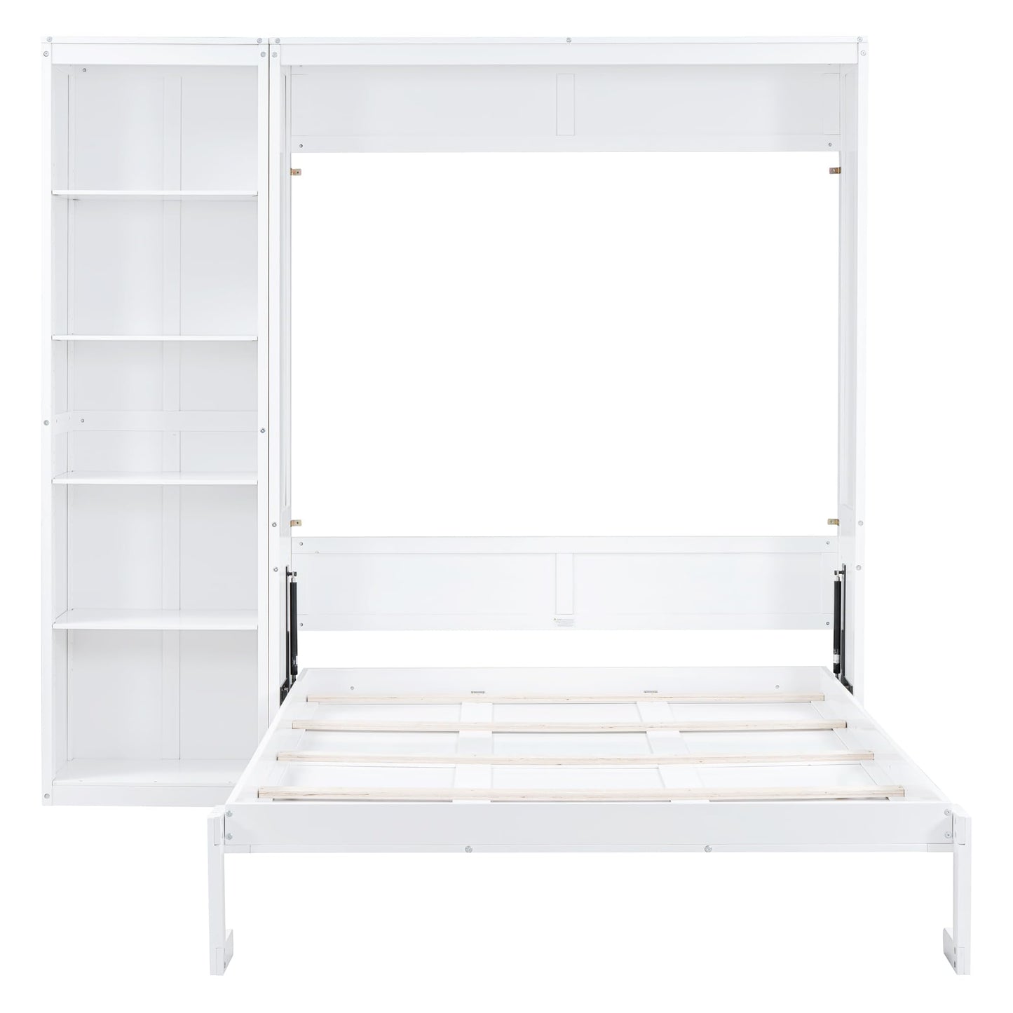 GDFStudio Veatch Wooden Frame Queen Size Bed, Queen Size Murphy Bed with Shelves, Folding Wall Beds with 5 Storage Cabinets, Space Saving, Folded into Cabinet for Guest Room Living Bedroom, White
