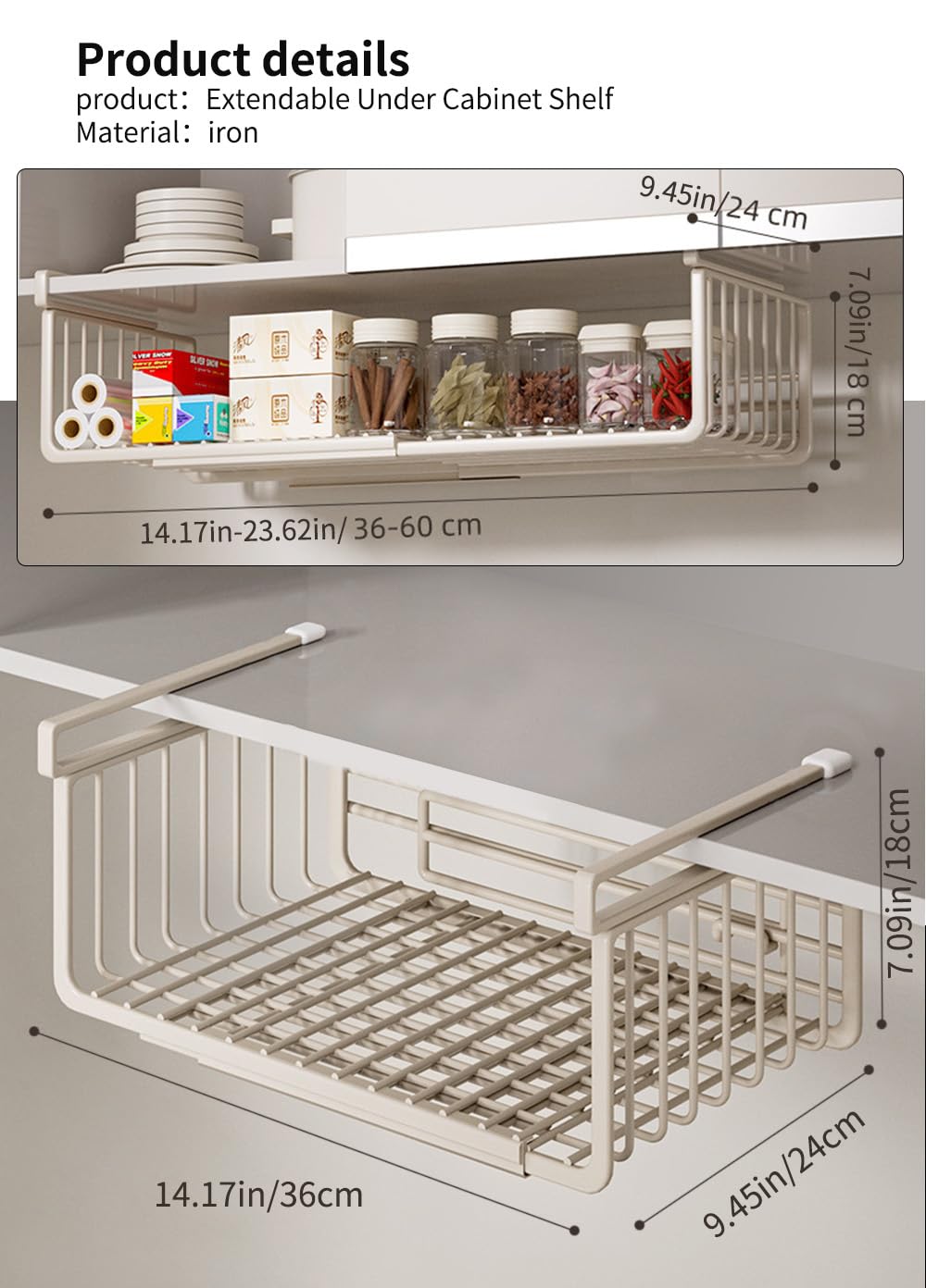 Janebert Extendable Under Shelf Storage Basket, Hanging Baskets Under Cabinet Shelf Organizer, for Cabinet Pantry Kitchen Cupboard Desk Counter Bookshelf Organization Space Saver Heavy Duty Slide-in