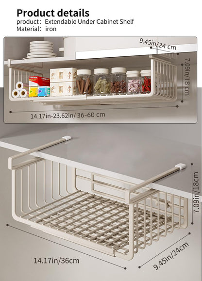 Janebert Extendable Under Shelf Storage Basket, Hanging Baskets Under Cabinet Shelf Organizer, for Cabinet Pantry Kitchen Cupboard Desk Counter Bookshelf Organization Space Saver Heavy Duty Slide-in