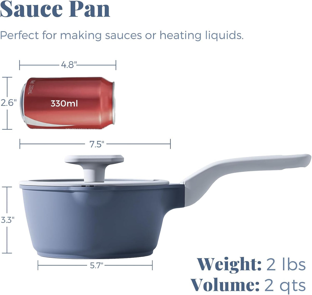 PRICUSIS Nonstick Saucepan - 2 Quart Ceramic Cookware with Lid & Pour Spouts | PTFE, PFOA & PFAS Free
