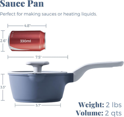 PRICUSIS Nonstick Saucepan - 2 Quart Ceramic Cookware with Lid & Pour Spouts | PTFE, PFOA & PFAS Free