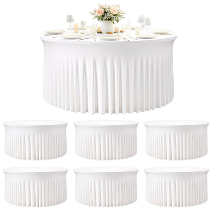 6 Pack White Round Tablecloths for 5 FT Round Tables, Stretchy Spandex Fitted Tables Cloth with Table Skirt, Wrinkle Free Table Cover Stitch Circle Tablecloth for Party Wedding Birthday Outdoor Events