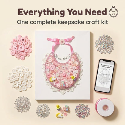 DIY Baby Bib Button Art Canvas Kit – Sweet Baby Nursery Craft Kit with Buttons, Gems & Ribbon – 8x10 Canvas Wall Decor