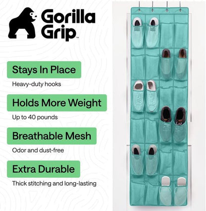 GORILLA GRIP Over The Door Shoe Organizer - 24 Large Breathable Mesh Pockets | Space-Saving Storage in Turquoise