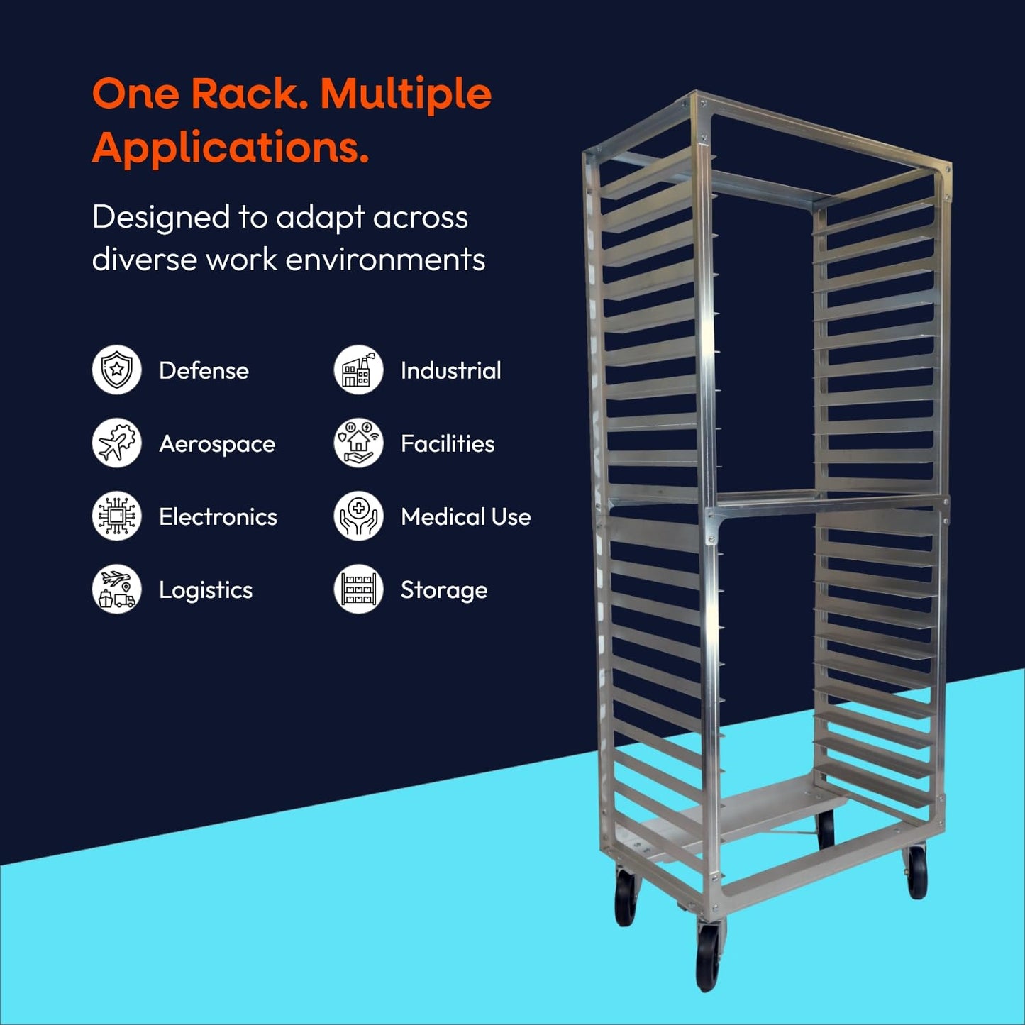 DCUBE 20 Level 3" Spacing Side Load, Commercial Aluminum Pan Rack, Heavy Duty Sheet Pan Rack, Electronics Industry Rack, Mobile Clean Room and Pharma Rack with Wheels, 20.5"x26"x 70"