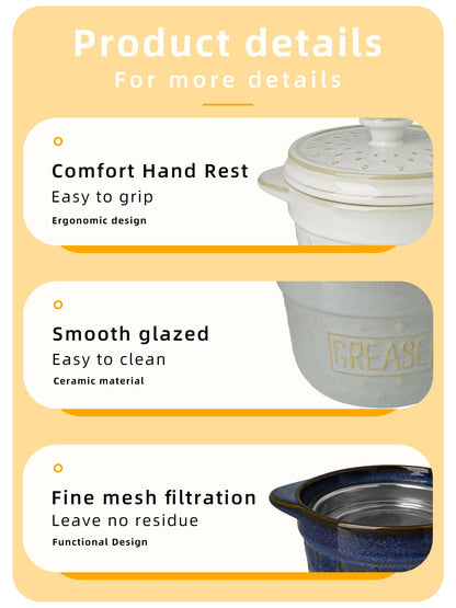 GDCZ Ceramic Bacon Grease Container with Strainer, 18 Oz Bacon Grease Keeper, Bacon Fat Strainer Cooking for Grease Drippings and Storage (Blue)