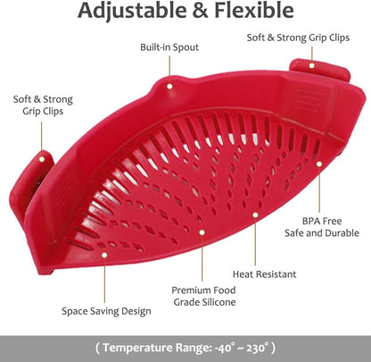 YEVIOR Clip-On Strainer for Pots and Pans, Hands-Free Silicone Food Strainer for Spaghetti, Fits All Bowls and Pots
