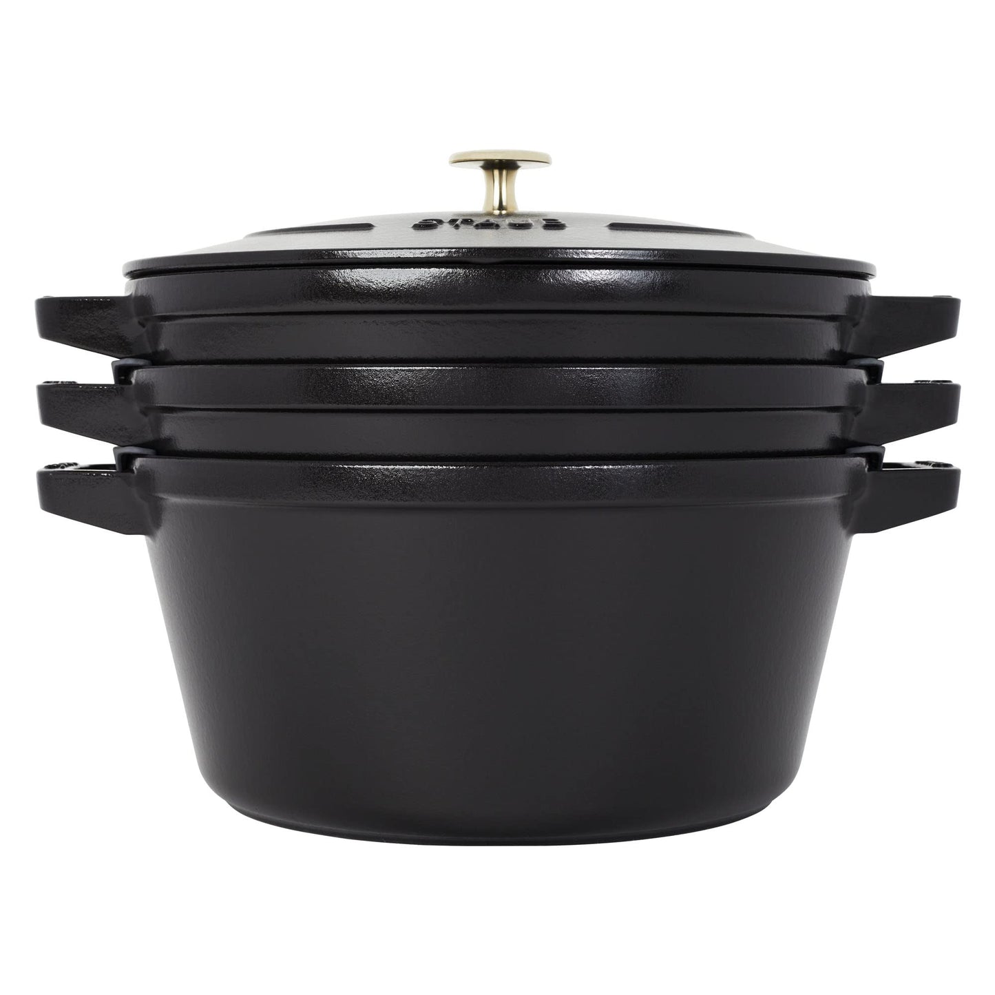STAUB Cast Iron Set 4-pc, Stackable Space-Saving Cookware Set, Dutch Oven, Skillet, Grill Pan with Universal Lid, Made in France, Matte Black