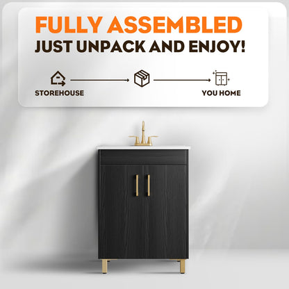 phiestina 24 Inch Fully Pre-Assembled Black Bathroom Vanity with Single Ceramic Countertop Sink Combo, 2 Soft Close Doors Bathroom Cabinet Set, Faucet Not Included, BV01-BLACK-JH