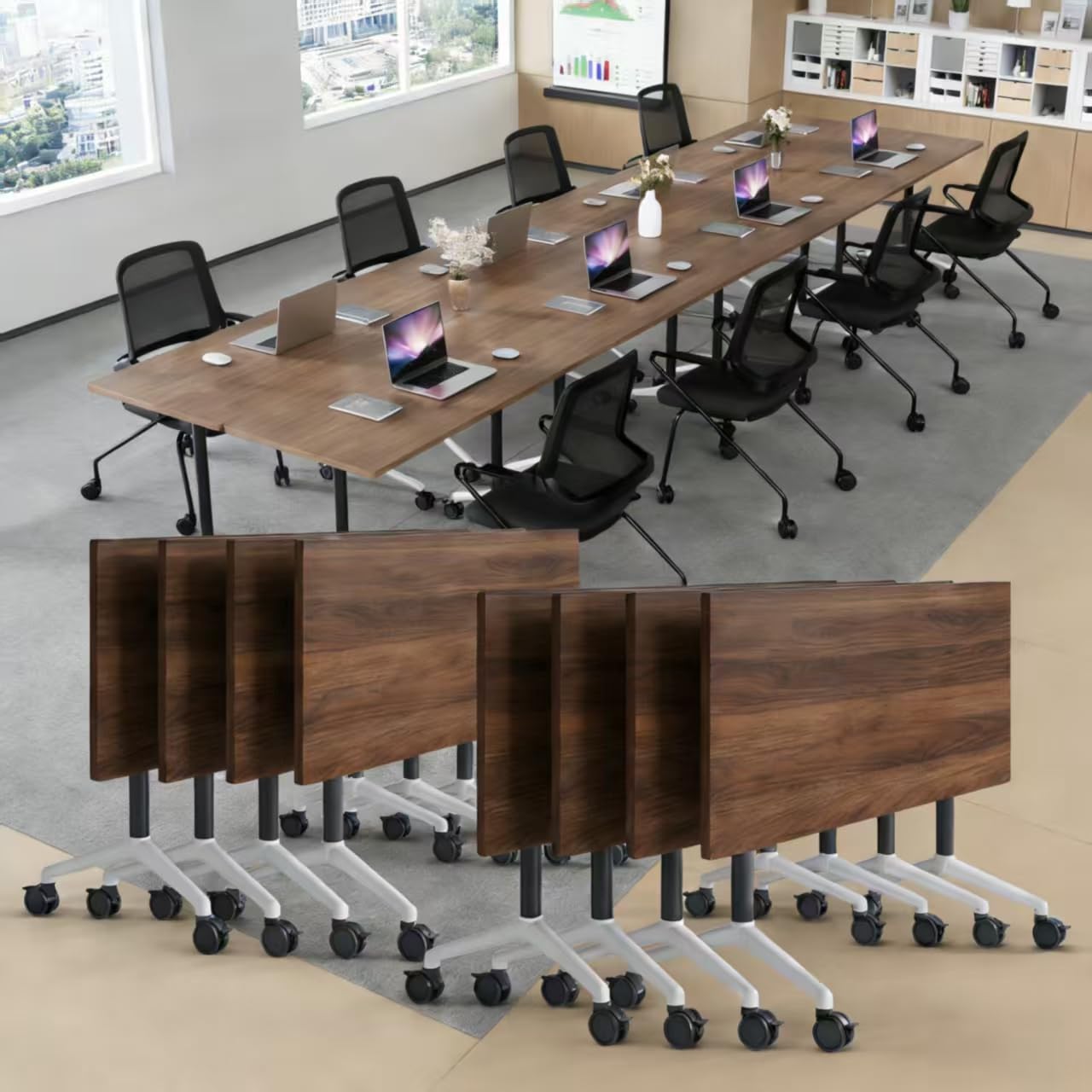 Folding Conference Table, Conference Room Tables with Wheels Foldable Large Rectangle Meeting Seminar Table for 6-12 People, Flip Top Mobile Training Table for Office Classr (4, Walnut 2, 55.1in)