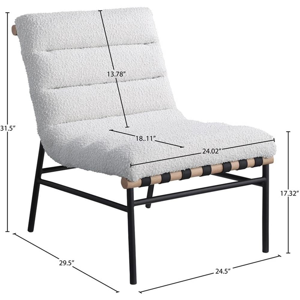 Meridian Furniture 411Cream Burke Collection Modern | Contemporary Accent Chair, Rich Cream Boucle Fabric, Black Vegan Leather Straps, Matte Black Metal Frame, 24.5" W x 29.5" D x 31.5" H, Cream