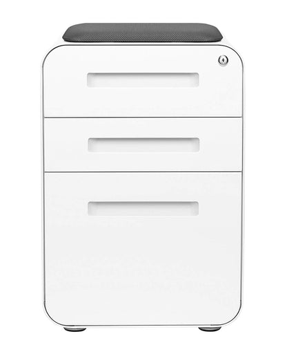Laura Davidson Furniture STOCKPILE Curve Seated 3-Drawer Mobile File Cabinet with Removable Magnetic Cushion Seat - Metal Filing Cabinet, Pre-Assembled, White with Dark Grey Cushion