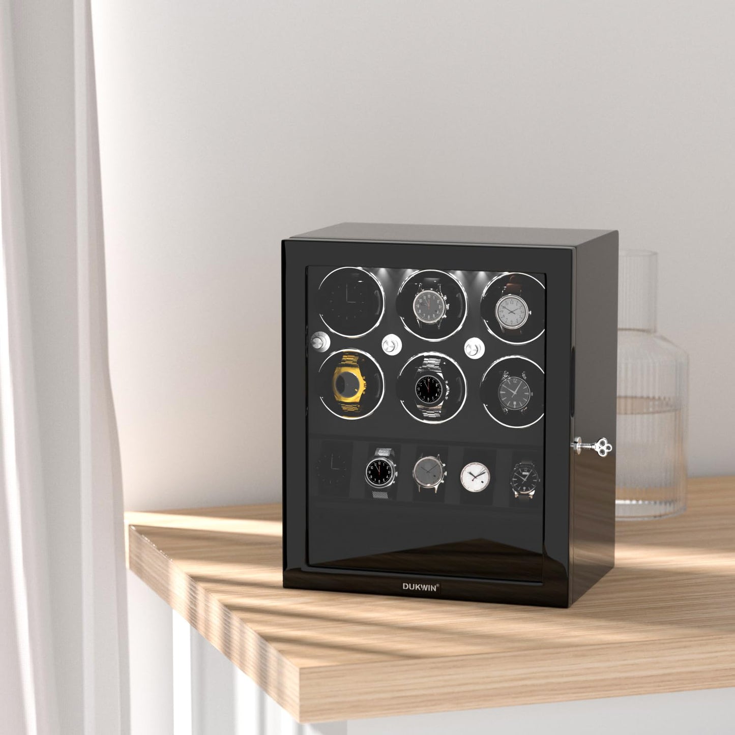 DUKWIN Watch Winder for 6 Automatic Watches,Lockable Watch Winders with Watch and Jewelry Storages, Super Quiet Mabuchi Motor with High-Gloss Piano Lacquer Finish,Built-in Illumination-Black