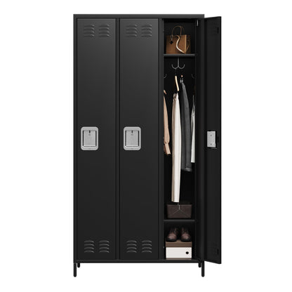 IDEALHOUSE 3 Doors Steel Storage, Metal Locker for School Office Gym Bedroom, 72 Inch Locker Cabinet for Employees,Industrial Storage Locker with 3 Shelves, Assembly Required, Black