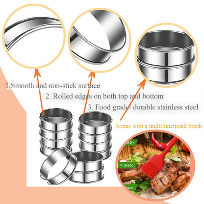 DATANYA 12Packs 4 Inch English Muffin Rings Crumpet Rings Stainless Steel Double Rolled Tart Rings, Round Metal Cooking Pastry Ring Molds for Crumpets baking