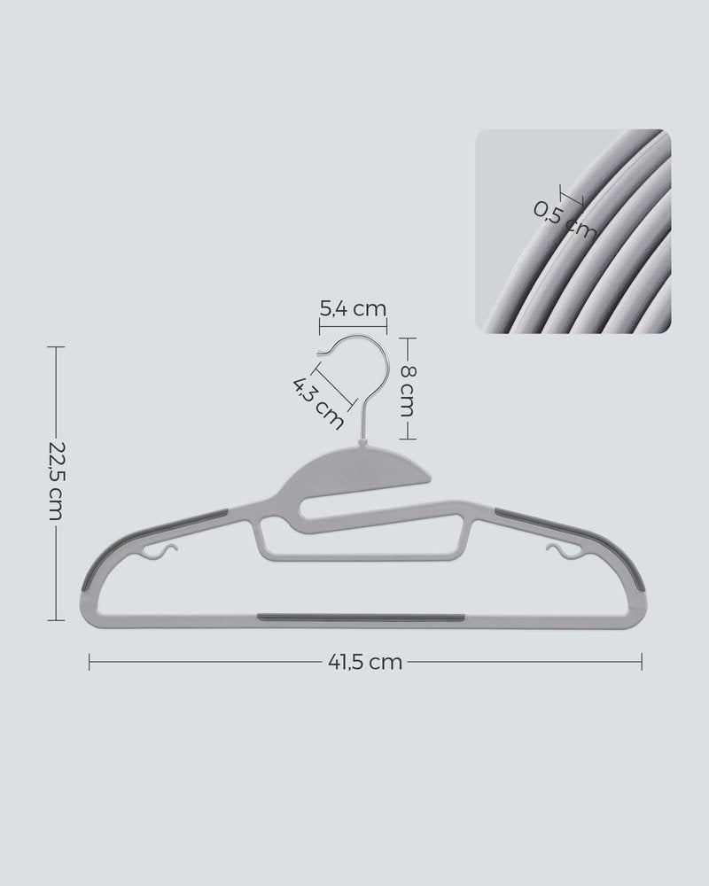 SONGMICS 50 Pack Coat Hangers, Heavy-Duty Plastic Suit Hangers, S-Shaped Opening, Space-Saving, 360º Swivel Hook, 16.3 Inches Wide, Light Gray and Dark Gray UCRP41G-50