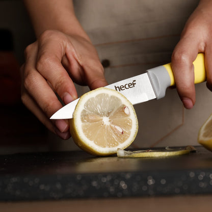 hecef Kitchen Knife Block Set, 14 Pieces Knife Set with Wooden Block & Sharpener Steel & All-purpose Scissors, High Carbon Stainless Steel Cutlery Set (Yellow)