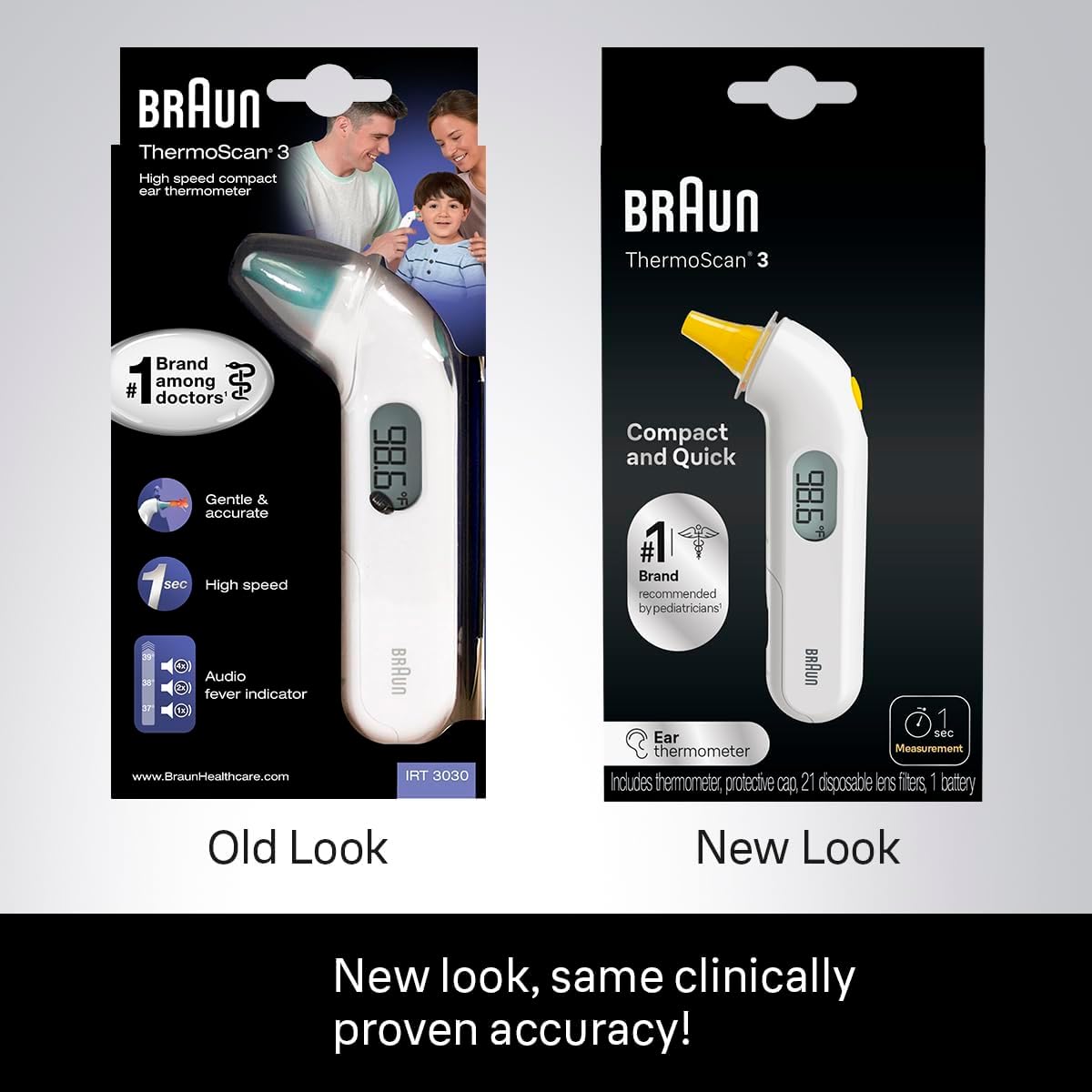 Braun ThermoScan 3 Ear Thermometer, Fast 1 Second Measurement, Audio Fever Indicator, Digital Display, Baby and Infant Friendly, No. 1 Brand Recommended by Pediatricians