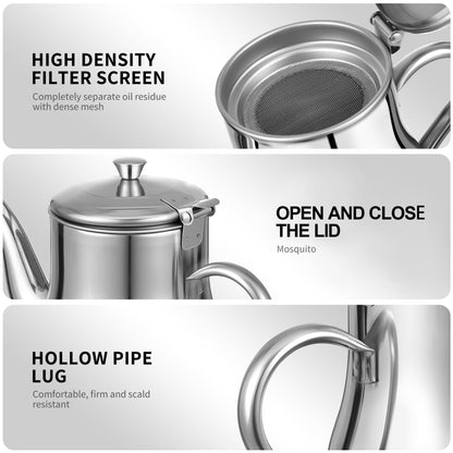 OUNONA Stainless Steel Oil Strainer Pot 2-in-1 Grease Separator and Dispenser with Removable Filter Screen and Cover for Kitchen Cooking 7.48X3.74X5.31 Inches