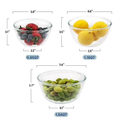 Cuiselect 3pc Glass Mixing Bowls Sets (1.64QT, 1.16QT, 0.85QT), Nesting Mixing Bowls for Cooking Prep, Baking, Storage, Large Salad Bowls Sets-Dishwasher Microwave Freezer Safe