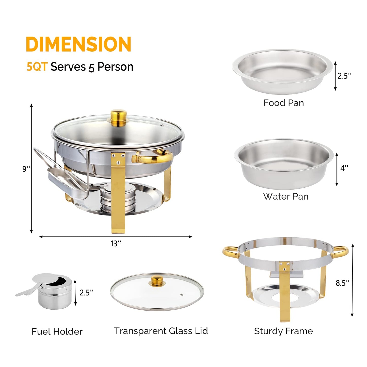 ROVSUN 5QT 4 Packs Chafing Dish Buffet Set Gold Accent, NSF Round Stainless Steel Buffet Warmer Chafers and Warmers Sets with Glass Lid & Lid Holder for Catering Events Parties Weddings Dinners