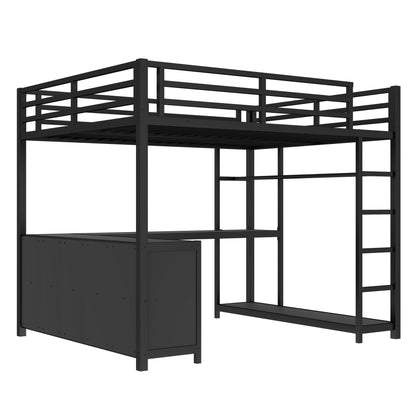KEIKI Loft Bed Queen Size with Desk and Storage, Metal Bedframe with Shelves and Safety Guardrail, No Box Spring Needed, Space Saving, for Teens & Adults, Black