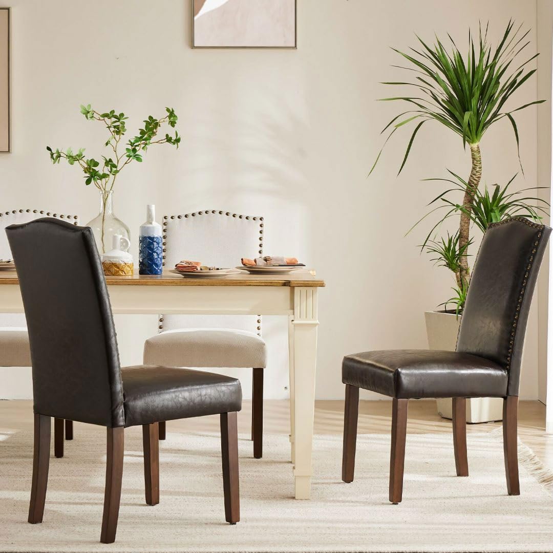 Kitchen Chairs Set of 6 Modern Upholstered Fabric Seat with Nailhead Trim and Ergonomic Lumbar Support for Living Room and Rustic Farmhouse Dining Area, Dark Brown