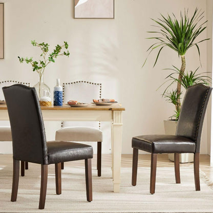 Kitchen Chairs Set of 6 Modern Upholstered Fabric Seat with Nailhead Trim and Ergonomic Lumbar Support for Living Room and Rustic Farmhouse Dining Area, Dark Brown