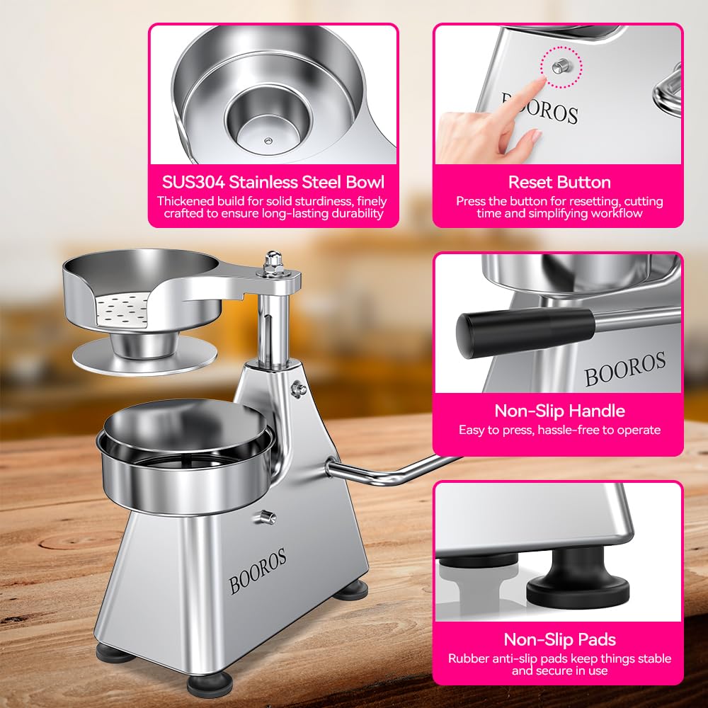 BOOROS Commercial Burger Patty Maker 3 in 1 Stainless Steel Burger Press 4/5/6 Inch Hamburger Press Patty Maker, Easy to Clean,Comes Equipped with 1200 Pcs Patty Papers for Beef Pork Chicken Patty