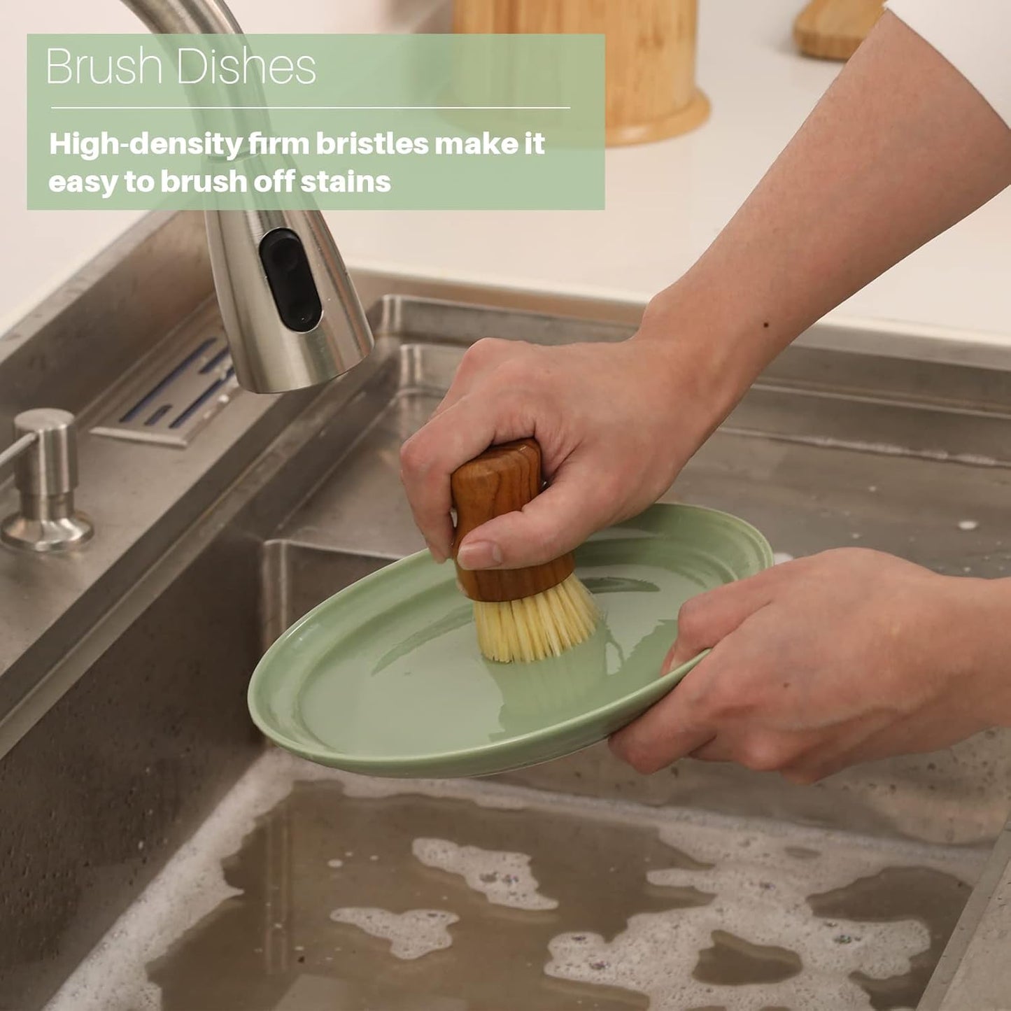 3PCS Set Teak Dish Scrub Brush by HTB, Good Grip Small Wooden Dish Brush with Teak Handle & Sisal Bristles for Kitchen
