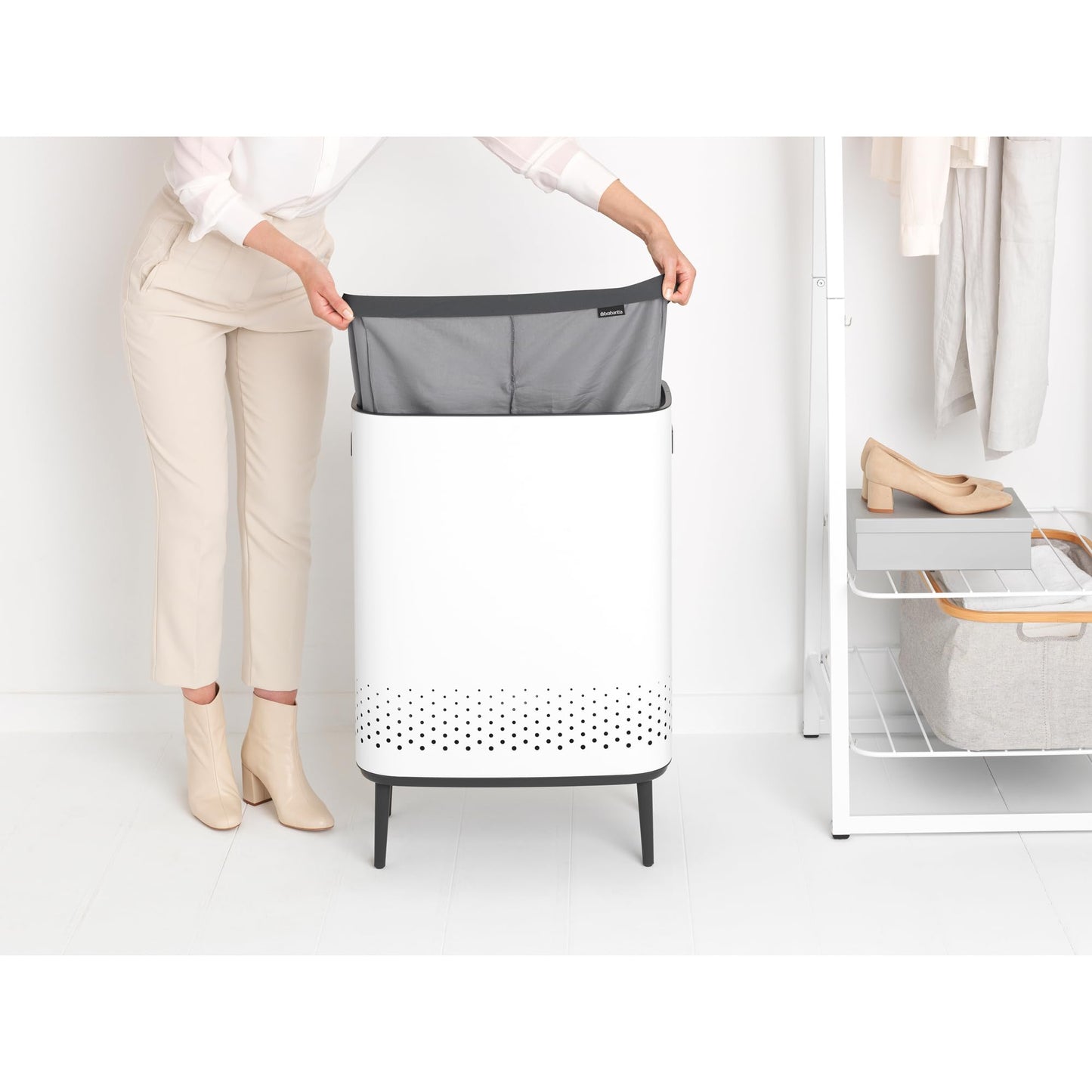 Brabantia Bo Laundry Hamper Hi (White) 2 Compartment Removable Laundry Bag 2 x 12 Gal, Ventilated Stylish Dirty Clothes Holder, Flat Back, Off-the Ground, Anti-Rust Materials for Bathroom Use
