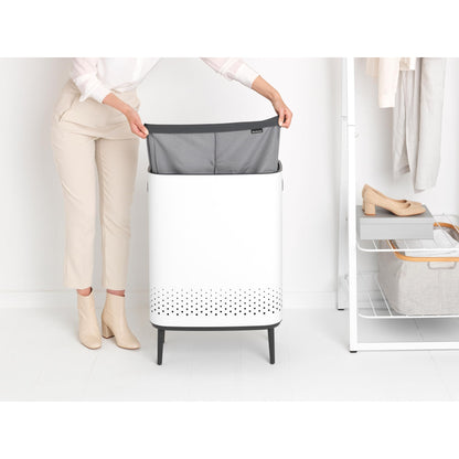 Brabantia Bo Laundry Hamper Hi (White) 2 Compartment Removable Laundry Bag 2 x 12 Gal, Ventilated Stylish Dirty Clothes Holder, Flat Back, Off-the Ground, Anti-Rust Materials for Bathroom Use