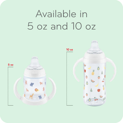 NUK Learner Cup, 8+ Months, Fun Fruits and Animals, Amazon Exclusive Collection, 10 Oz, Pack of 2, BPA-Free, Soft Spout, Spill Proof Sippy Cup