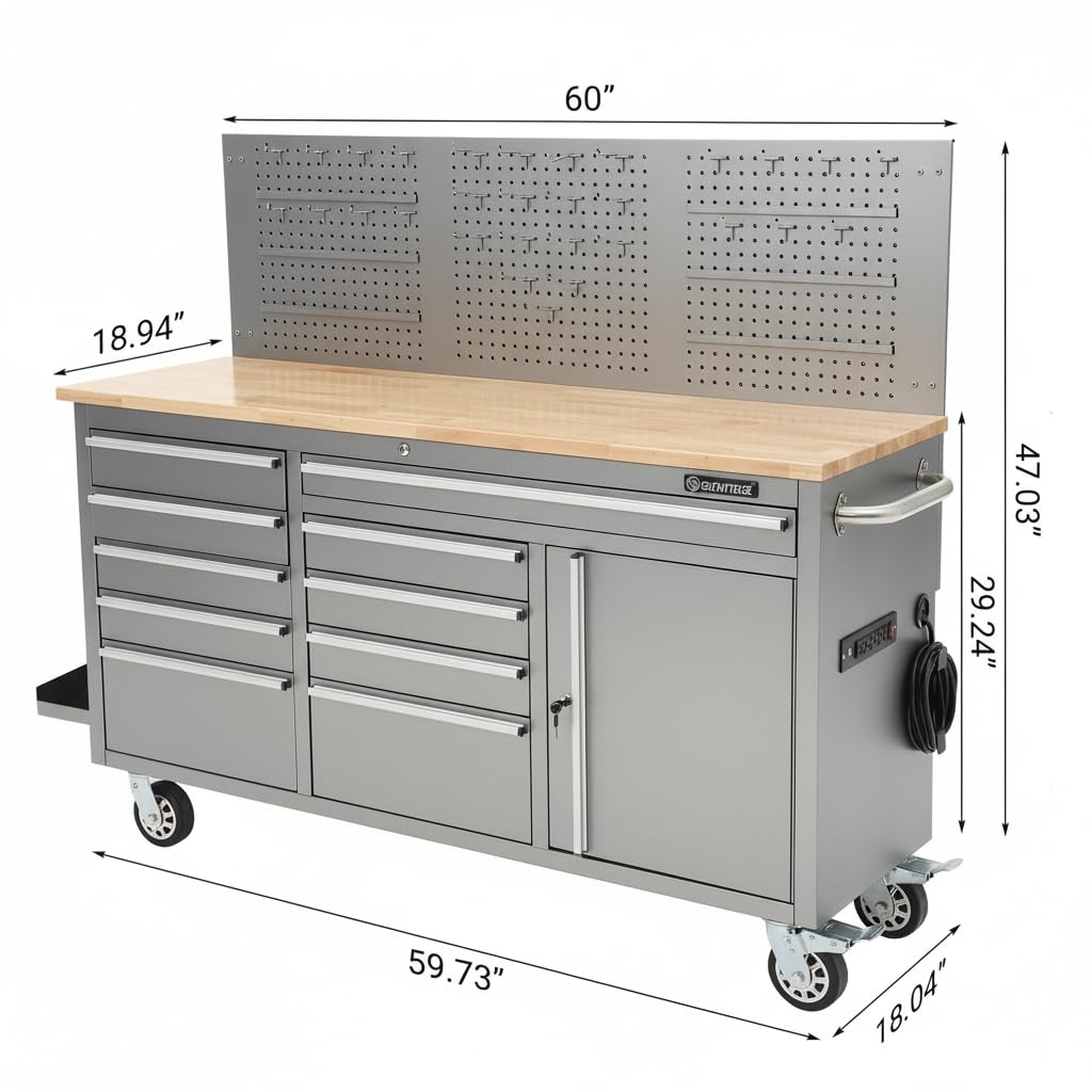 GAOMON 61-inch Rolling Tool Chest, 10 Drawers Garage Workbench Storage Tool Cabinet with Power Strip, Solid Rubber Wood Top, 1675 LBS Load Mobile Workstation, Heavy Duty Rolling Cabinet, Silver
