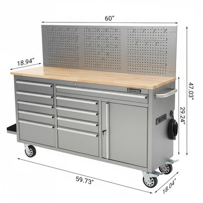 IDEALHOUSE 61-inch Rolling Tool Chest, 10 Drawers Garage Workbench Storage Tool Cabinet with Power Strip, Solid Rubber Wood Top, 1675 LBS Load Mobile Workstation, Heavy Duty Rolling Cabinet, Silver