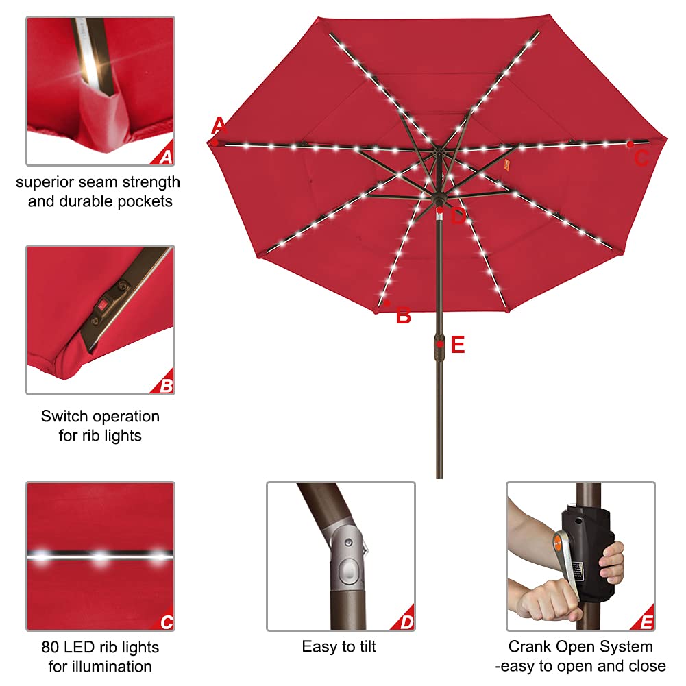 EliteShade USA 10-Year-Non-Fading 9ft 3-Tier Market Patio Umbrella, Commercial Table Umbrella with 80 Solar LED Lights, Crank Open, Windproof & UPF 50+ UV Protection for Garden, Deck, Pool, Backyard, Logo Red