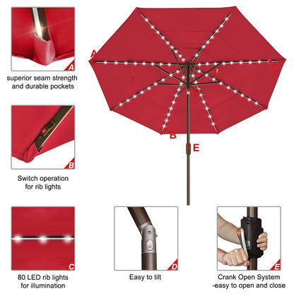 EliteShade USA 10-Year-Non-Fading 9ft 3-Tier Market Patio Umbrella, Commercial Table Umbrella with 80 Solar LED Lights, Crank Open, Windproof & UPF 50+ UV Protection for Garden, Deck, Pool, Backyard, Logo Red
