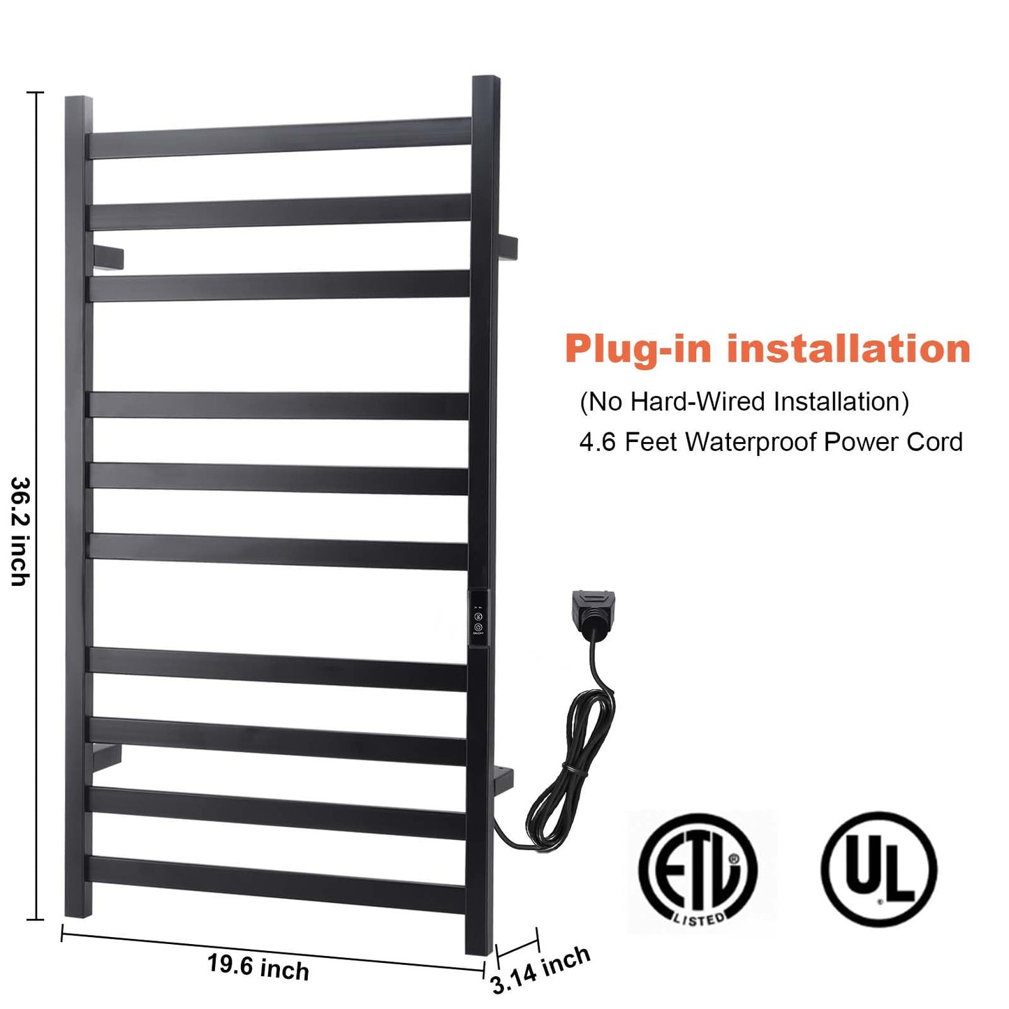 Towel Warmer Heated Towel Bar-Rack - Nopwer Bathroom Wall Mounted Electric Towel Drying Plug-in Matte Black 8 Bars