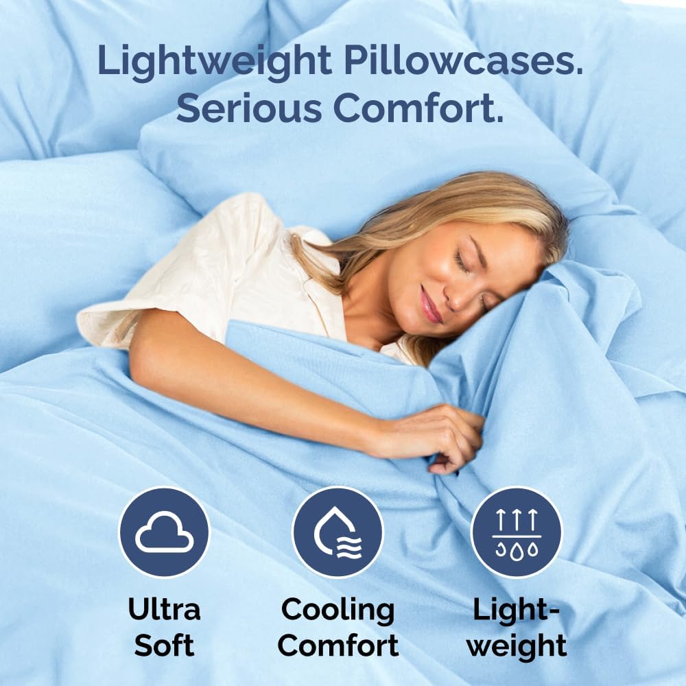 Queen Pillow Cases by [Brand Name] - Ultra Soft Hotel Quality - Wrinkle Free & Fade Resistant - Light Blue, Set of 2