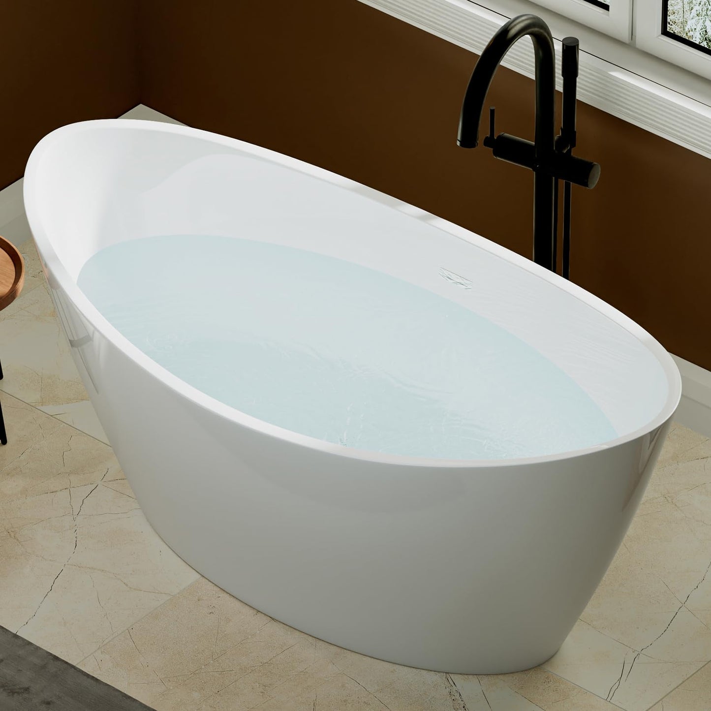 Empava 59" Freestanding Bathtub – Deep Soaking Acrylic Tub for Small Bathroom, Non-Slip Flatbottom, Stress Relief Home Spa, Brushed Nickel Drain & Overflow, Single Adult, Glossy White
