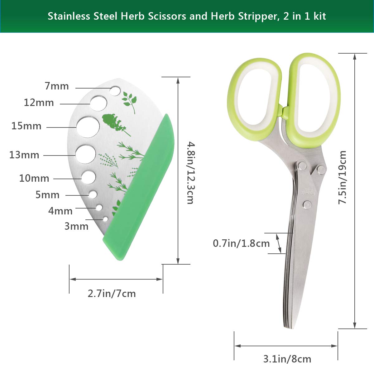 Herb Scissors Herb Stripper Set, Luxiv Stainless Steel Herb Cutter Tools 5-Blades Scissors with Herb Stripping Tool, Safe Cover, Cleaning Comb Multi-blade Herb Shears 2 IN 1 Herb Tools Kits (Green)