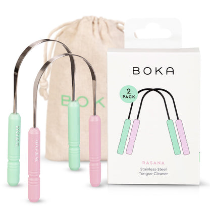 Boka Tongue Scraper for Adults & Kids with Case - Stainless Steel Tongue Cleaner w/Linen Travel Pouch - Scrubber to Remove Tongue Buildup and Freshens Breath (Pack of 1)