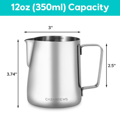 CASABREWS CASMP350 Milk Frothing Pitcher, Stainless Steel Steaming Pitcher with Sharp Spout, 350ml (12oz) Milk Frother Cup for Cappuccino or Latte Art, Espresso Machine Accessories for Barista