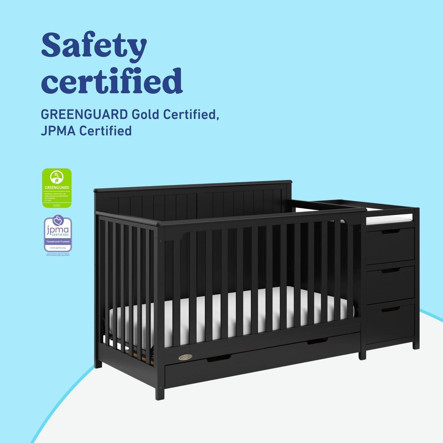 Graco Hadley 5-in-1 Convertible Crib & Changer – GREENGUARD Gold Certified, Fits Standard Crib Mattress, Converts to Toddler Bed and Full Bed, 4 Adjustable Mattress Heights (Black)