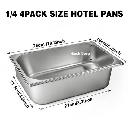 West Bay 4 Pack 1/4 Size Hotel Pan with Lids, 4'' Deep Steam Table Pan with Lid, 10.2''L x 6.3''W Stainless Steel Pans for Home, Party, Hotel, Buffet