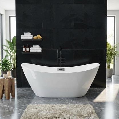 59" Acrylic Freestanding Bathtub with Chrome Drain Kit, Contemporary Square Soaking Tub with Overflow and Flexible PVC Drain Pipe, Double-Walled Insulation, CUPC Certified, Glossy White Finish